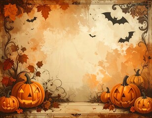 Old-fashioned Halloween wallpaper with jack-o’-lanterns and bats on distressed paper