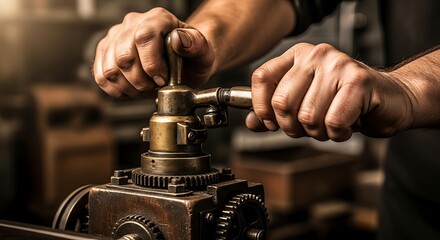 Mans hands operating a vintage machine with precision and focus.