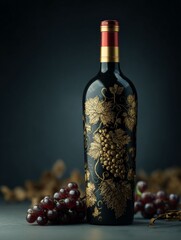 Vintage Wine Elegance: A meticulously crafted composition unveils a dark-hued wine bottle adorned with intricate golden leaf detailing, complemented by a scattering of fresh.