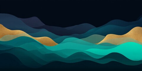 Abstract Azure Topography: An artistic display of layered waves, reminiscent of rolling hills and oceans, rendered in a blend of azure, emerald, and gold hues against a dark backdrop.