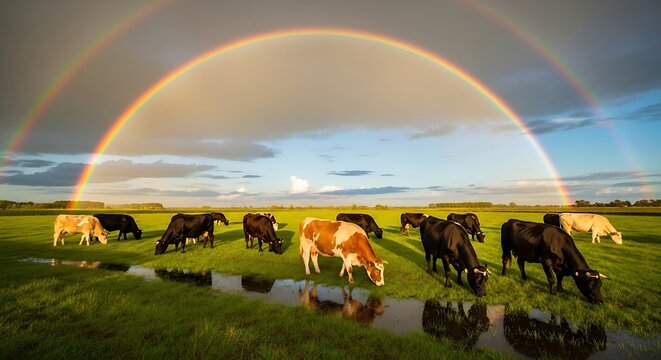 Cows grazing under a vibrant rainbow in a lush green field.