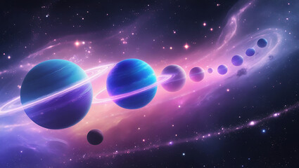 A string of glowing planets orbiting through a magenta-space corridor, 8k image