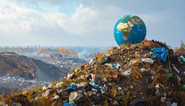 A globe atop a large landfill