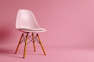 Minimalist shell chair with wooden legs standing in a pink studio with copy space