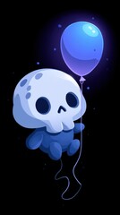 Fototapeta premium A small, adorable skeleton with a round skull and big black eyes is gently floating while holding a shiny blue balloon in a dark, starry setting.