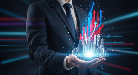 A businessman in a dark suit holding a holographic 3D city skyline in his hand, with glowing bar charts and financial graphs emerging, featuring upward red and blue arrows representing business growth