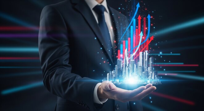 A businessman in a dark suit holding a holographic 3D city skyline in his hand, with glowing bar charts and financial graphs emerging, featuring upward red and blue arrows representing business growth