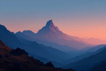 Obraz premium Layers of mountain peaks and valleys fading into a warm sunset sky