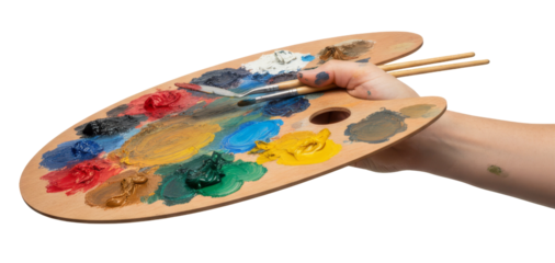 a hand holds a wooden artist's palette with colorful paint