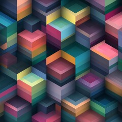 Obraz premium Vibrant abstract composition of layered 3D cubes in rich gradient colors, creating a modern isometric geometric pattern with depth and dimension.