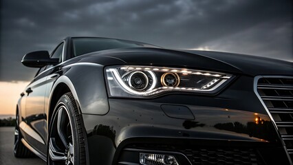 Fototapeta premium Black car with glowing LED headlights in dramatic lighting.