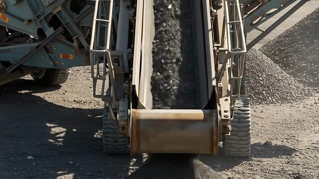 Heavy Duty Conveyor Belt Moving Gravel at Construction Site.
