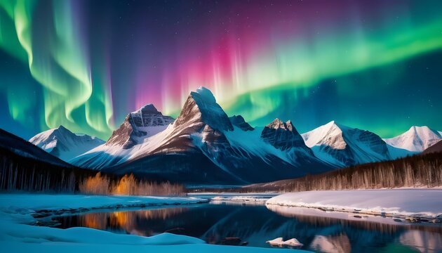 Crystal Mountains with Aurora Borealis and Fireworks, Fantasy New Year - Powered by Adobe