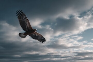 Obraz premium Eagle bird flying with wings spread wide against a dramatic sky with clouds