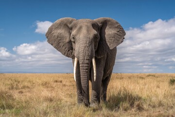Majestic African Elephant Stands Tall in Golden Savannah Under Blue Sky.