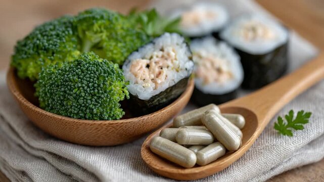 Discover a vibrant flat lay of healthy living essentials featuring salmon sushi, broccoli, nutritional yeast, and B12 tablets, beautifully arranged on sunlit linen with fresh herbs.