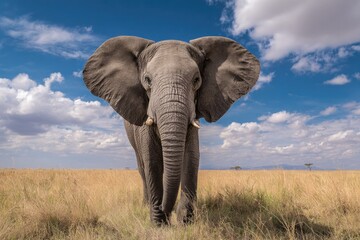 Fototapeta premium Majestic African Elephant Stands Tall in the Savannah Under a Blue Sky with Clouds.