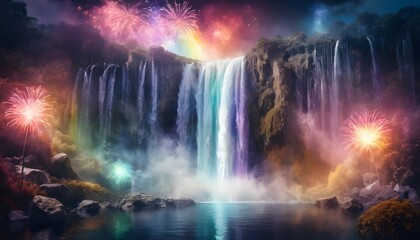 Rainbow crystal waterfall illuminated by fireworks at night