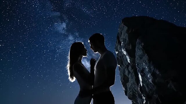 Romantic Silhouette Couple Under Starry Night Sky Intimate Cosmic Connection Dreamy Love Amidst Milky Way Stars Captivating Emotional Moment