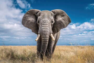 Fototapeta premium Majestic African Elephant Stands Tall in the Savannah Under a Blue Sky.