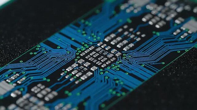 Close-up macro shot of an intricate blue electronic circuit board with silver microchips and green components showcasing advanced computer technology digital da