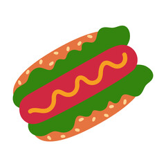 Delicious hot dog with mustard, lettuce, and sesame bun. Ideal for fast food design, restaurant menus, street food promotions, summer picnics, party decorations and culinary projects.
