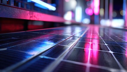 Close up of solar panels reflecting vibrant pink and blue lights in a factory setting.