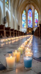A Serene Display of Light: Illuminated Candles Creating a Tranquil Atmosphere in an Elegant Church with Stunning Stained Glass Windows