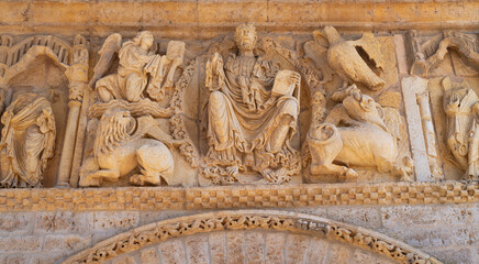 Romanesque portico of the Church of Santa María del Camino in Carrión de los Condes, in the Tierra de Campos region. Palencia, Castile and León, Spain. Europe