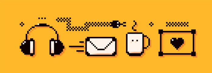 Headphones, email, cup, coffee, heart, frame and snake. Pixel podcast elements. 
