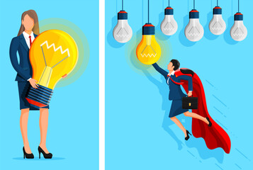 Woman holding a giant lightbulb and woman superhero flying to a glowing lightbulb for business creativity and finding new idea.