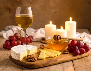 Rustic still life with a glass of white wine, assorted cheeses, red grapes, walnuts and honey on a wooden board. Cozy romantic atmosphere with burning candles in the background
