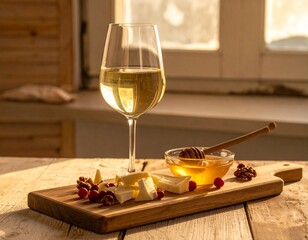 Rustic wooden board with assorted cheeses, walnuts, cranberries and honey served with a glass of white wine. Cozy atmosphere with warm sunlight shining through the window