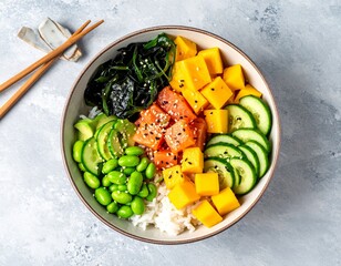 Flat lay of a colorful poke bowl with diced salmon, mango cubes, cucumber slices, avocado, seaweed salad, edamame and rice