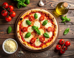Top view of a freshly baked Italian Margherita pizza on a wooden table. Pizza with melted mozzarella cheese, cherry tomatoes and fresh basil leaves, served with olive oil and parmesan.