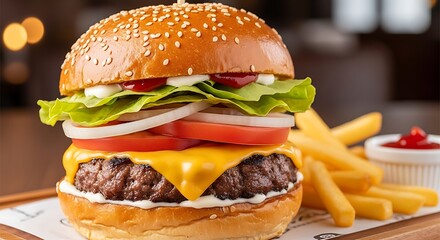 Classic Cheeseburger with Fries and Ketchup on a Wooden Board.