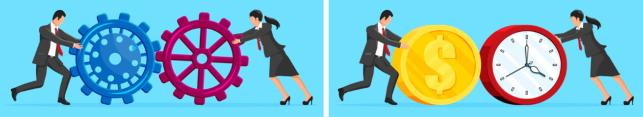 Man and woman businessmen pushing gears for teamwork and a coin with a clock for business efficiency. Flat style stock vector set collection illustration.