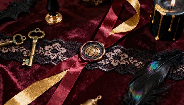 Elegant Halloween themed flat lay featuring gothic vintage items on deep burgundy background creating a luxurious and festive atmosphere