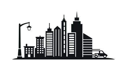 Obraz premium City Skyline Silhouette with Streetlight and Delivery Van