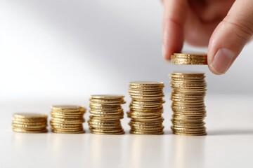 A hand carefully places each gold coin on top of others, creating a tall stack of coins in a simple, clean environment. This action symbolizes growth and prosperity