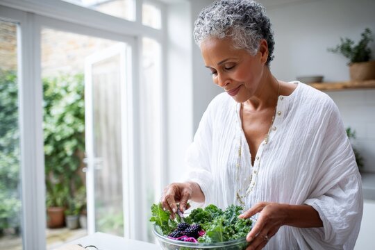 Mature african female preparing fresh salad in bright kitchen - Powered by Adobe