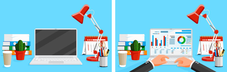 Man typing on laptop with business charts and graphs on screen. Office desk layout with stationery items for work.