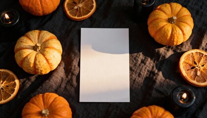 Halloween party invitation mockup featuring pumpkins, candles, and dried orange slices arranged on a dark fabric background