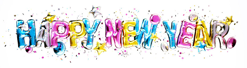 Colorful letters Happy New Year in helium balloons with stars and confetti on a white background