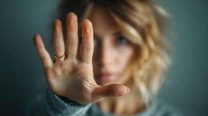 A woman focuses on making a stop sign with her hand. She has light hair and a relaxed expression in a softly lit indoor location, emphasizing the importance of communication