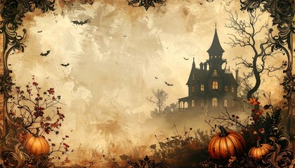 Victorian Halloween wallpaper with haunted house and gothic motifs on aged parchment