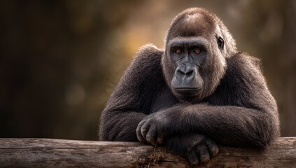 Obraz premium Majestic Gorilla Portrait - Close-up of a Powerful Primate Resting on a Log in a Natural Habitat.