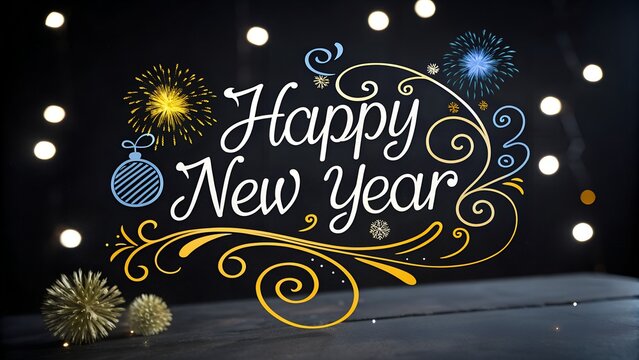 Elegant happy new year greeting with fireworks and bokeh lights