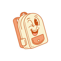 Joyful winked schoolbag back to school cartoon character isometric vector illustration. Smiling playful happy backpack bag pupil studying education minimalist mascot rejoice fun positive emotion