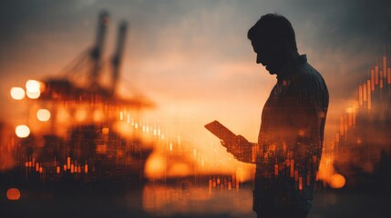 Fototapeta premium Businessman, maritime logistician, freight broker stands in silhouette against the backdrop of a bright sunset in the port, using a tablet, an abstract image of financial data flows around him.